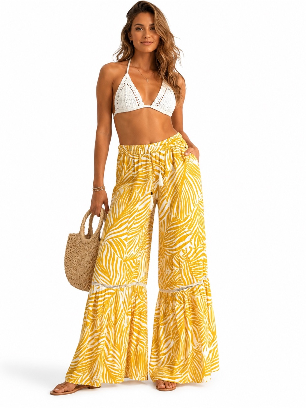 True Destinations Yellow Tropical Wide Leg Flare Pants Size XL NWOT